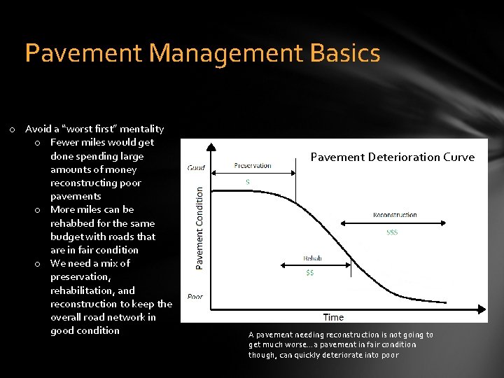 Pavement Management Basics o Avoid a “worst first” mentality o Fewer miles would get