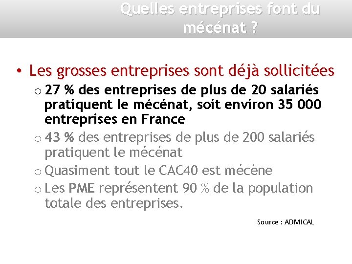 Quelles entreprises font du mécénat ? • Les grosses entreprises sont déjà sollicitées o