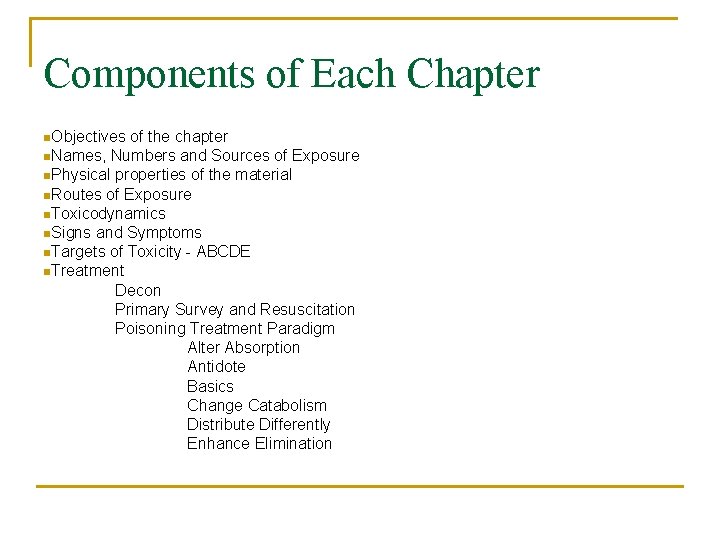 Components of Each Chapter n. Objectives of the chapter n. Names, Numbers and Sources