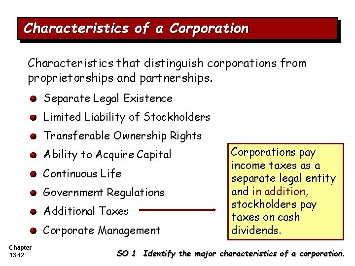 Characteristics of a Corporation Characteristics that distinguish corporations from proprietorships and partnerships. Separate Legal