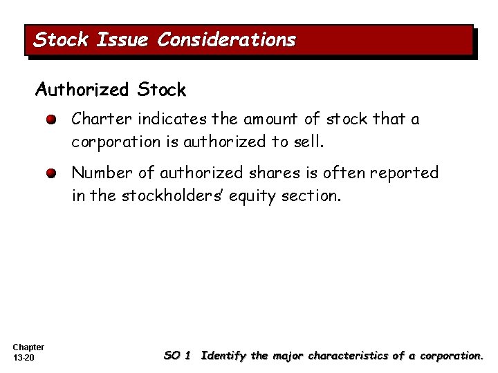 Stock Issue Considerations Authorized Stock Charter indicates the amount of stock that a corporation