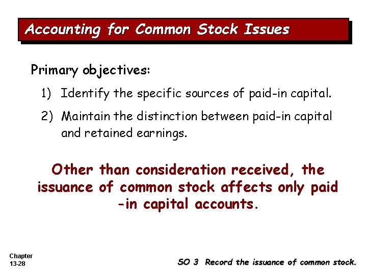 Accounting for Common Stock Issues Primary objectives: 1) Identify the specific sources of paid-in