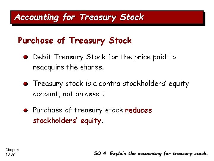 Accounting for Treasury Stock Purchase of Treasury Stock Debit Treasury Stock for the price