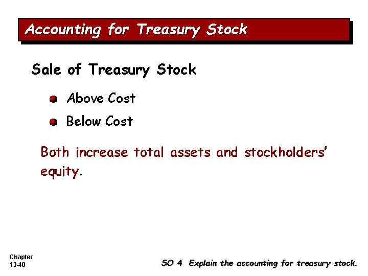 Accounting for Treasury Stock Sale of Treasury Stock Above Cost Below Cost Both increase