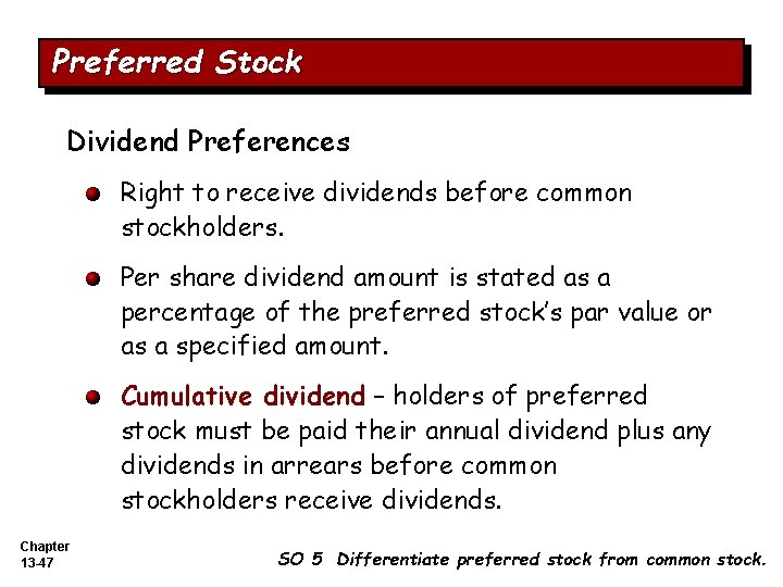 Preferred Stock Dividend Preferences Right to receive dividends before common stockholders. Per share dividend