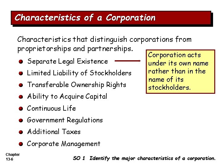 Characteristics of a Corporation Characteristics that distinguish corporations from proprietorships and partnerships. Separate Legal