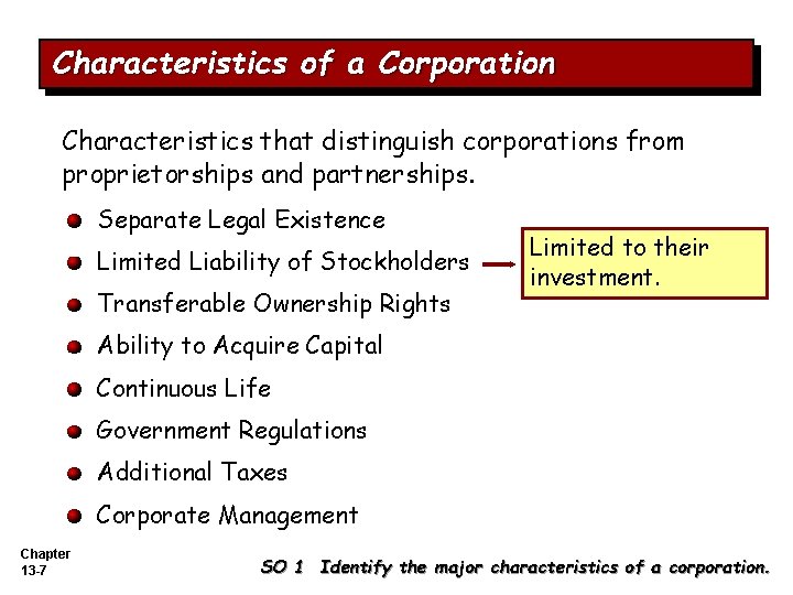 Characteristics of a Corporation Characteristics that distinguish corporations from proprietorships and partnerships. Separate Legal