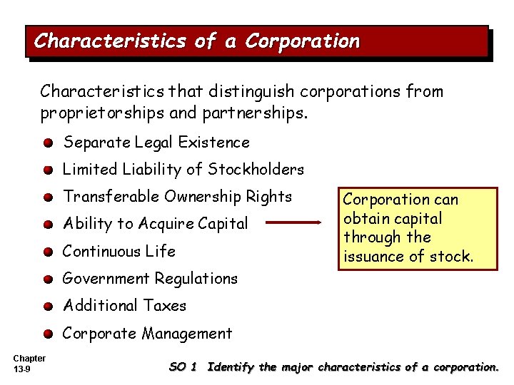 Characteristics of a Corporation Characteristics that distinguish corporations from proprietorships and partnerships. Separate Legal