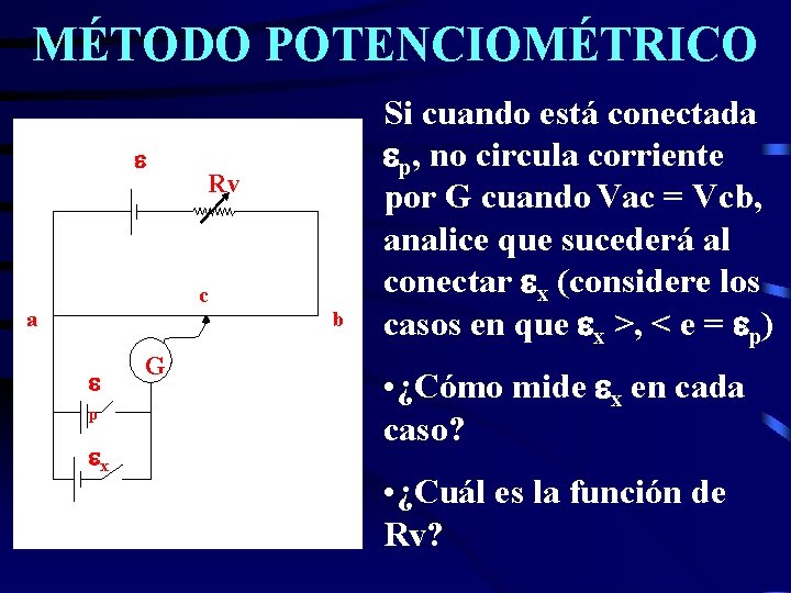MÉTODO POTENCIOMÉTRICO Rv c a p x G b Si cuando está conectada p,