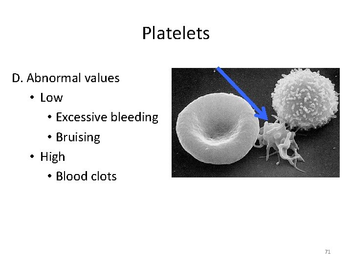 Platelets D. Abnormal values • Low • Excessive bleeding • Bruising • High •