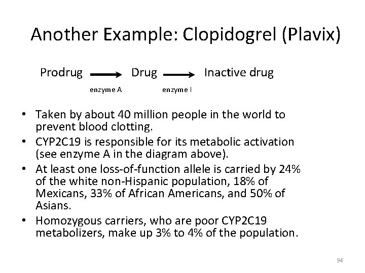 Another Example: Clopidogrel (Plavix) Prodrug Drug enzyme A Inactive drug enzyme I • Taken