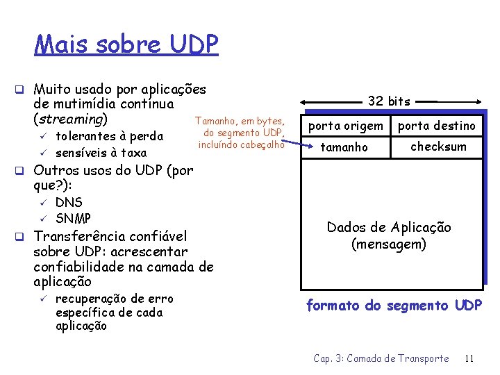 Mais sobre UDP q Muito usado por aplicações de mutimídia contínua (streaming) ü ü