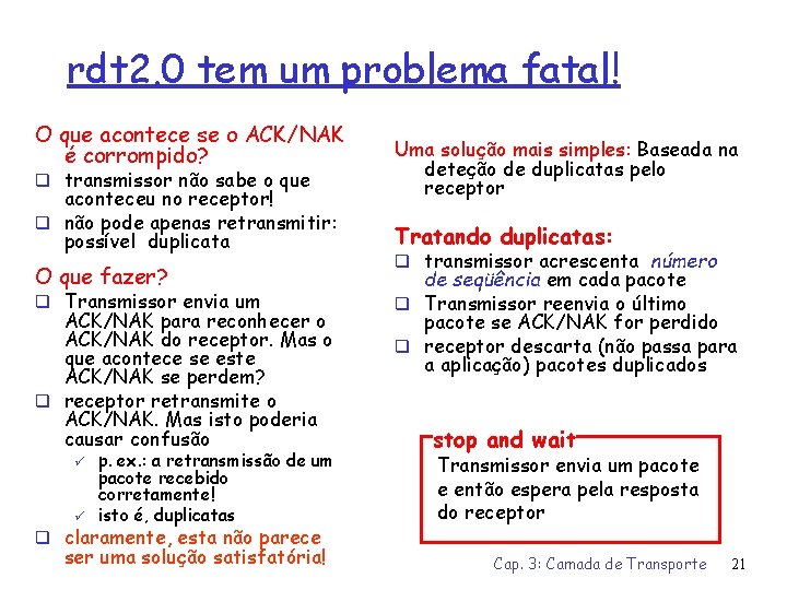 rdt 2. 0 tem um problema fatal! O que acontece se o ACK/NAK é