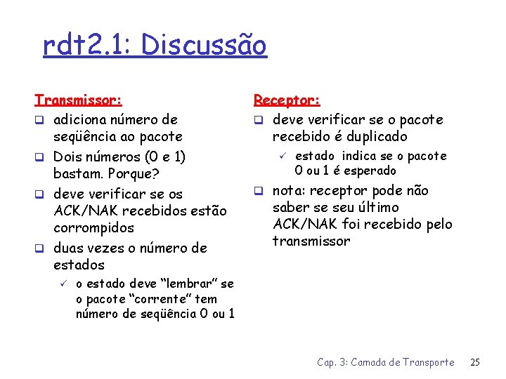 rdt 2. 1: Discussão Transmissor: q adiciona número de seqüência ao pacote q Dois