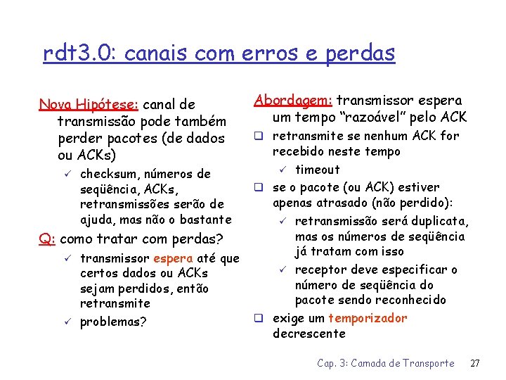 rdt 3. 0: canais com erros e perdas Nova Hipótese: canal de transmissão pode