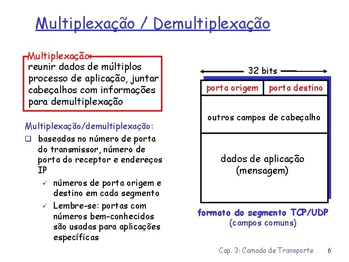 Multiplexação / Demultiplexação Multiplexação: reunir dados de múltiplos processo de aplicação, juntar cabeçalhos com