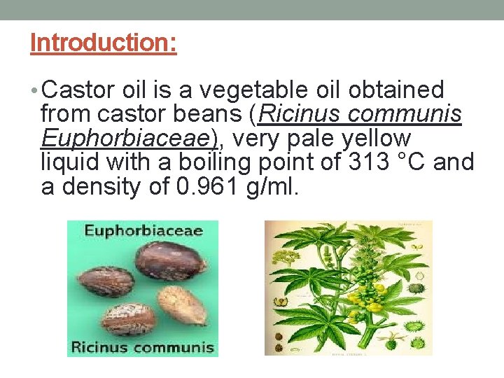 Introduction: • Castor oil is a vegetable oil obtained from castor beans (Ricinus communis