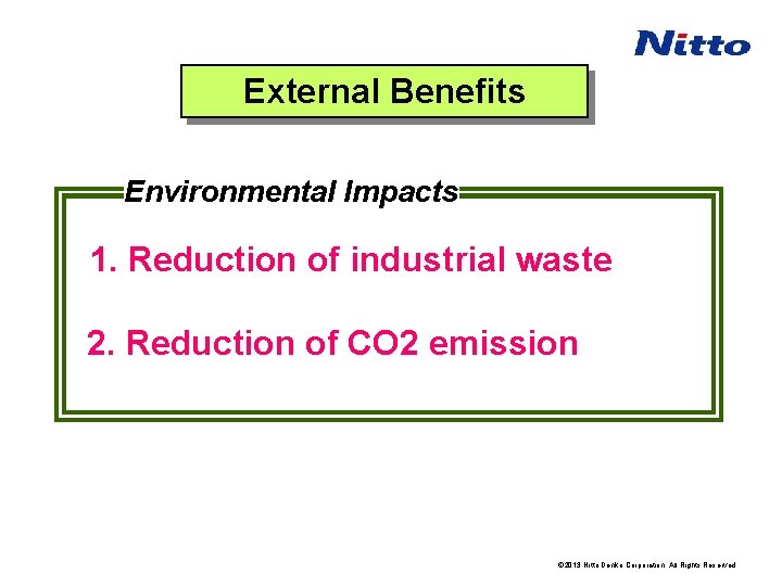 External Benefits Environmental Impacts 1. Reduction of industrial waste 2. Reduction of CO 2