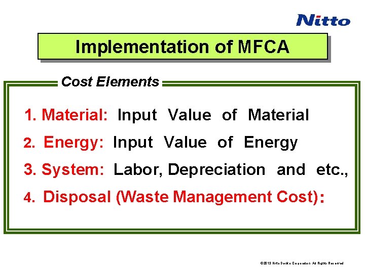 Implementation of MFCA Cost Elements 1. Material: Input　Value　of　Material　 　 2. Energy: Input　Value　of　Energy 3. System: