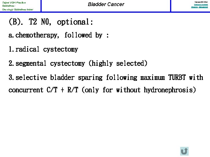 Taipei VGH Practice Guidelines: Oncology Guidelines Index Bladder Cancer Version 2012 Oct Table of