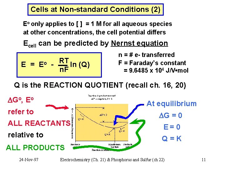 Cells at Non-standard Conditions (2) Eo only applies to [ ] = 1 M