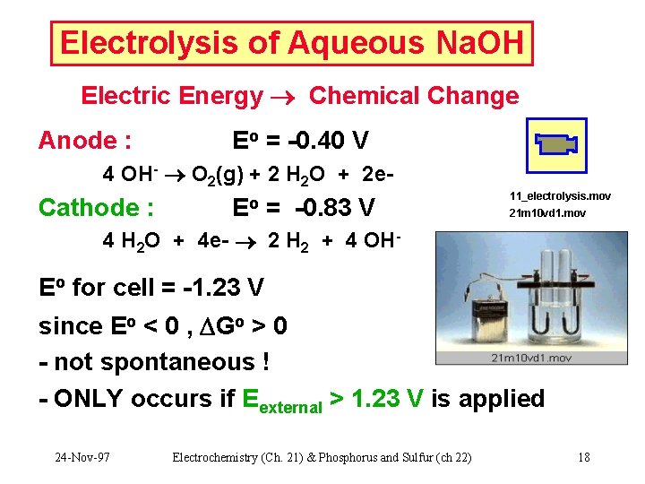 Electrolysis of Aqueous Na. OH Electric Energy Chemical Change Anode : Eo = -0.