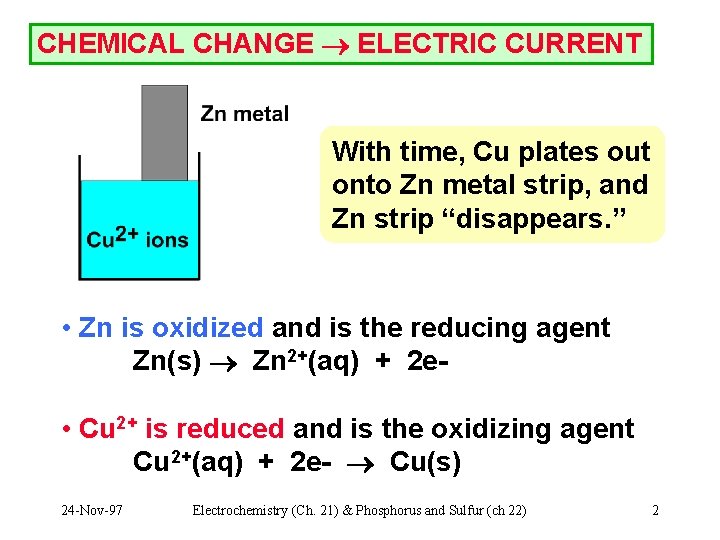 CHEMICAL CHANGE ELECTRIC CURRENT With time, Cu plates out onto Zn metal strip, and