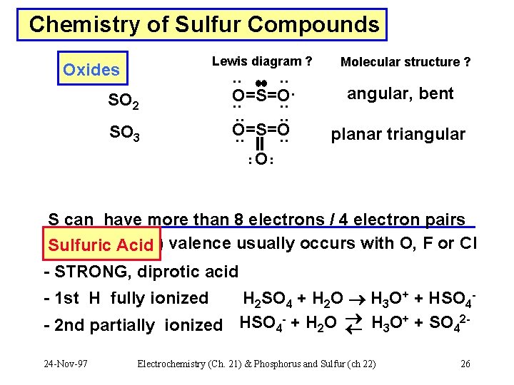 Chemistry of Sulfur Compounds Lewis diagram ? Oxides SO 2 SO 3 . .