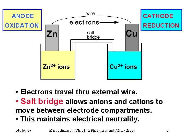 ANODE CATHODE OXIDATION REDUCTION • Electrons travel thru external wire. • Salt bridge allows