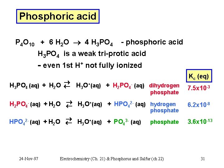 Phosphoric acid P 4 O 10 + 6 H 2 O 4 H 3