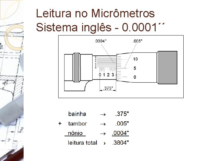 Leitura no Micrômetros Sistema inglês - 0. 0001´´ Leitura no Micrômetros Sistema inglês - 0. 0001´´