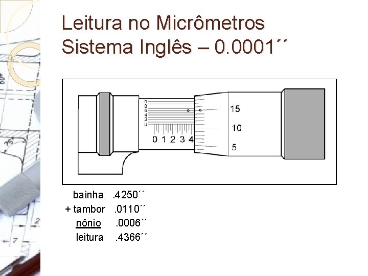 Leitura no Micrômetros Sistema Inglês – 0. 0001´´ bainha . 4250´´ + tambor . Leitura no Micrômetros Sistema Inglês – 0. 0001´´ bainha . 4250´´ + tambor .