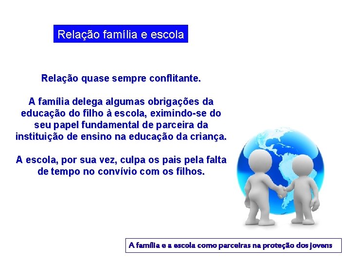 Relação família e escola Relação quase sempre conflitante. A família delega algumas obrigações da