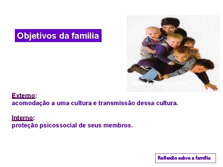 Objetivos da família 1. Reflexão sobre a família Externo: acomodação a uma cultura e