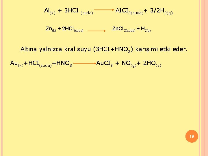 Al(k) + 3 HCI (suda) AICI 3(suda)+ 3/2 H 2(g) Zn(k) + 2 HCI(suda)