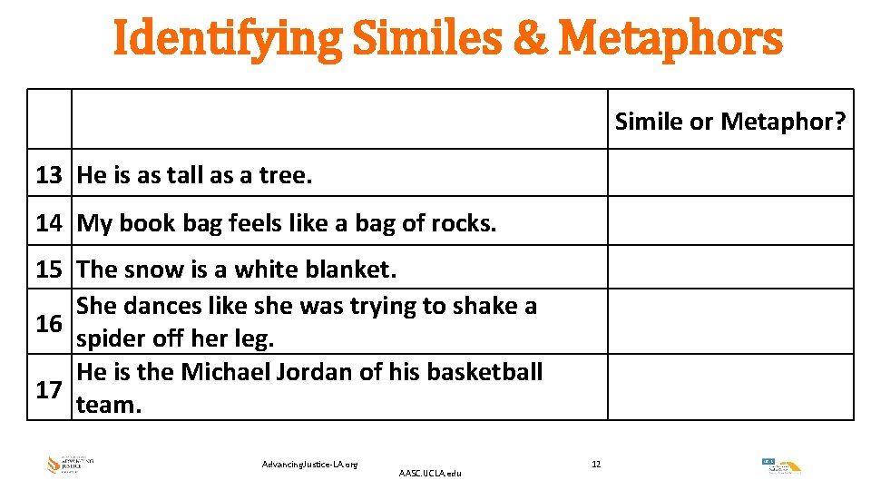 Identifying Similes & Metaphors Simile or Metaphor? 13 He is as tall as a