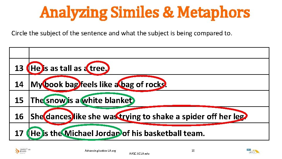 Analyzing Similes & Metaphors Circle the subject of the sentence and what the subject