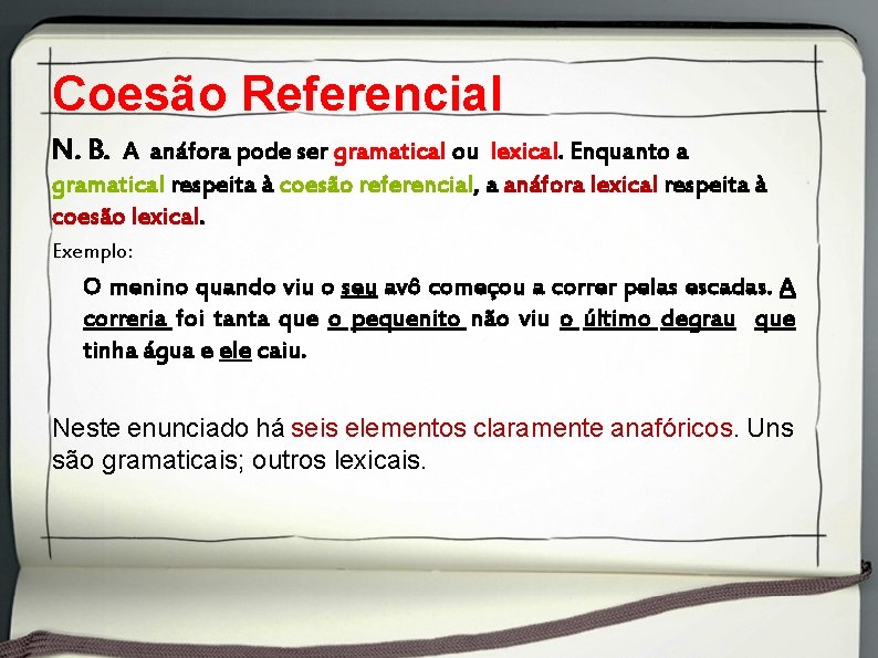 Coesão Referencial N. B. A anáfora pode ser gramatical ou lexical. Enquanto a gramatical