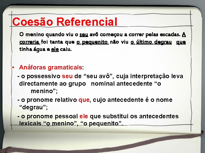 Coesão Referencial O menino quando viu o seu avô começou a correr pelas escadas.