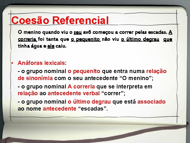 Coesão Referencial O menino quando viu o seu avô começou a correr pelas escadas.