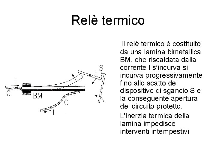 Relè termico Il relè termico è costituito da una lamina bimetallica BM, che riscaldata