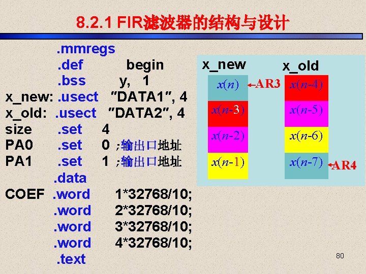 8. 2. 1 FIR滤波器的结构与设计 . mmregs x_new . def begin x_old . bss y,