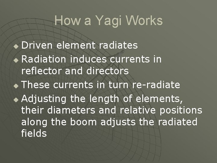 How a Yagi Works Driven element radiates u Radiation induces currents in reflector and