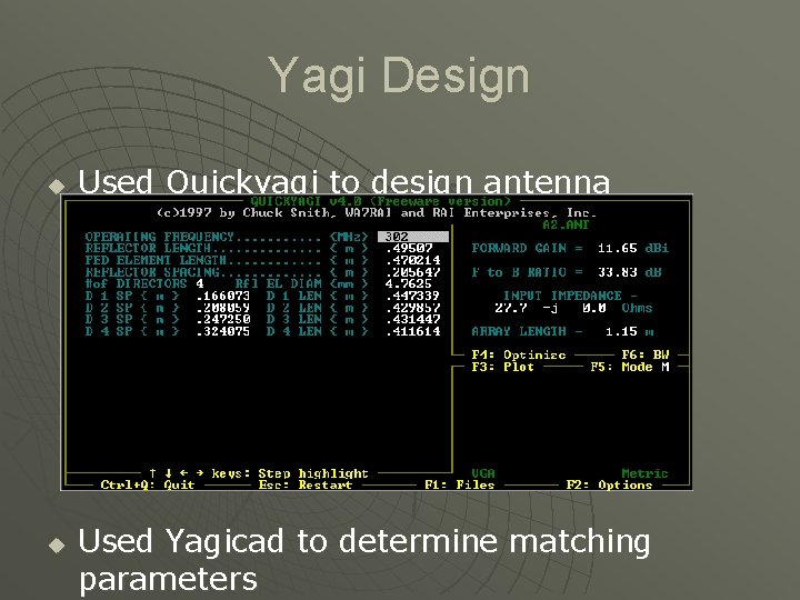 Yagi Design u u Used Quickyagi to design antenna Used Yagicad to determine matching