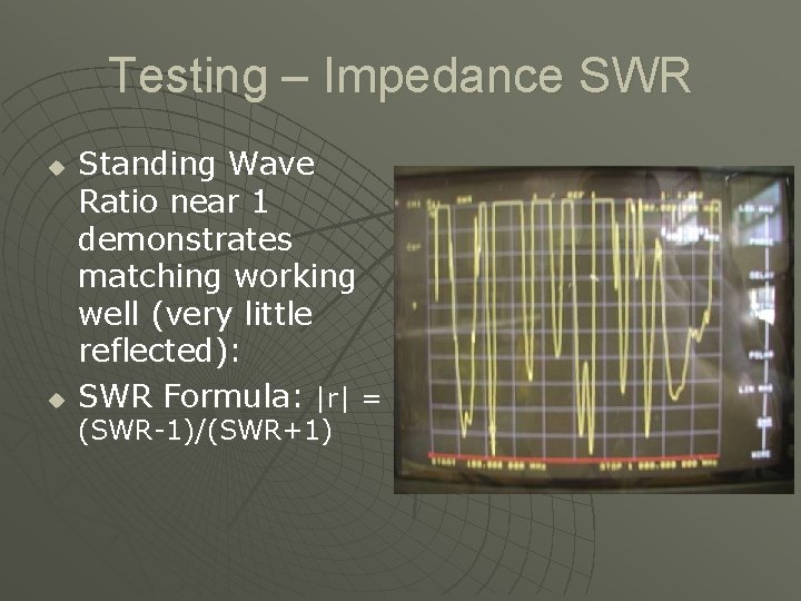 Testing – Impedance SWR u u Standing Wave Ratio near 1 demonstrates matching working