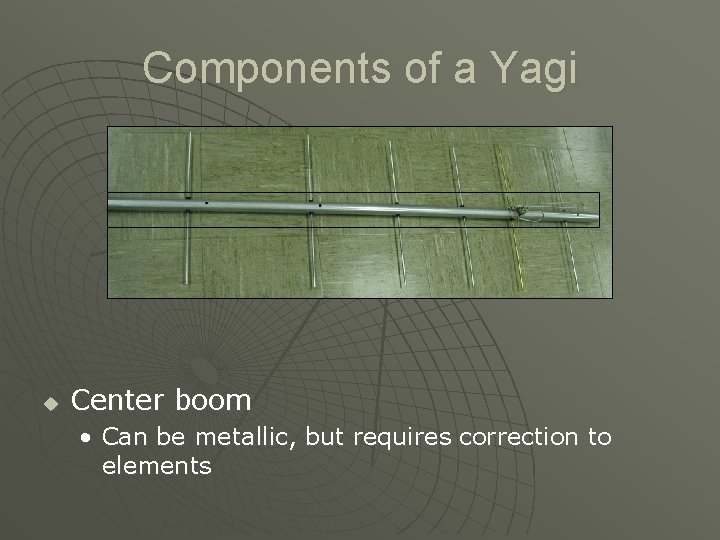 Components of a Yagi u Center boom • Can be metallic, but requires correction