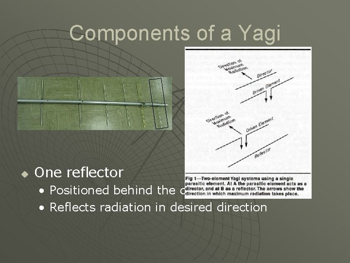 Components of a Yagi u One reflector • Positioned behind the driven element •