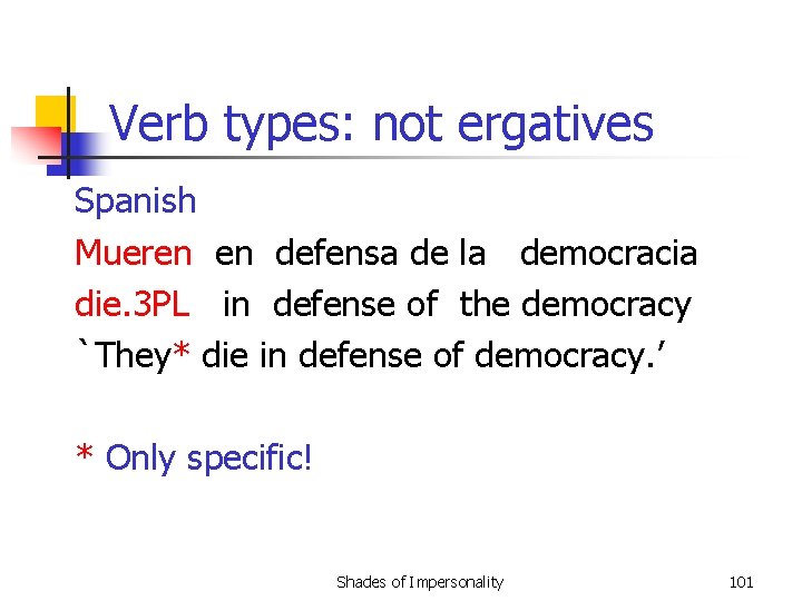 Verb types: not ergatives Spanish Mueren en defensa de la democracia die. 3 PL