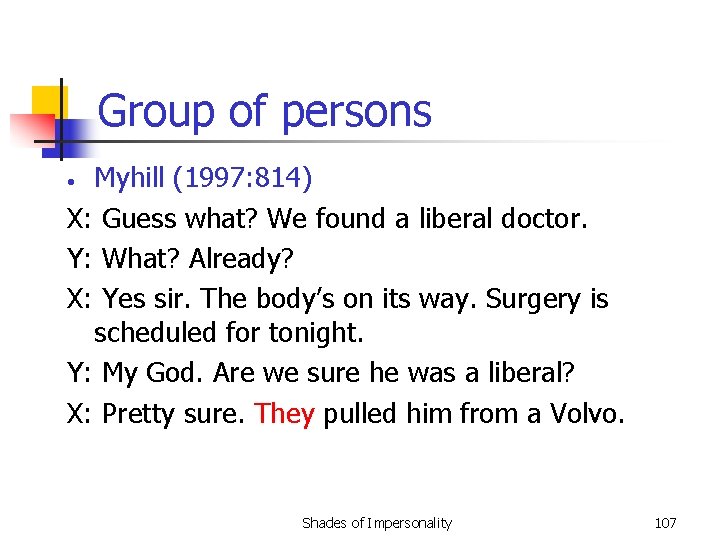 Group of persons Myhill (1997: 814) X: Guess what? We found a liberal doctor.