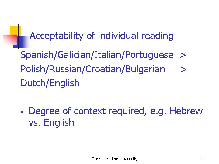 Acceptability of individual reading Spanish/Galician/Italian/Portuguese > Polish/Russian/Croatian/Bulgarian > Dutch/English • Degree of context required,